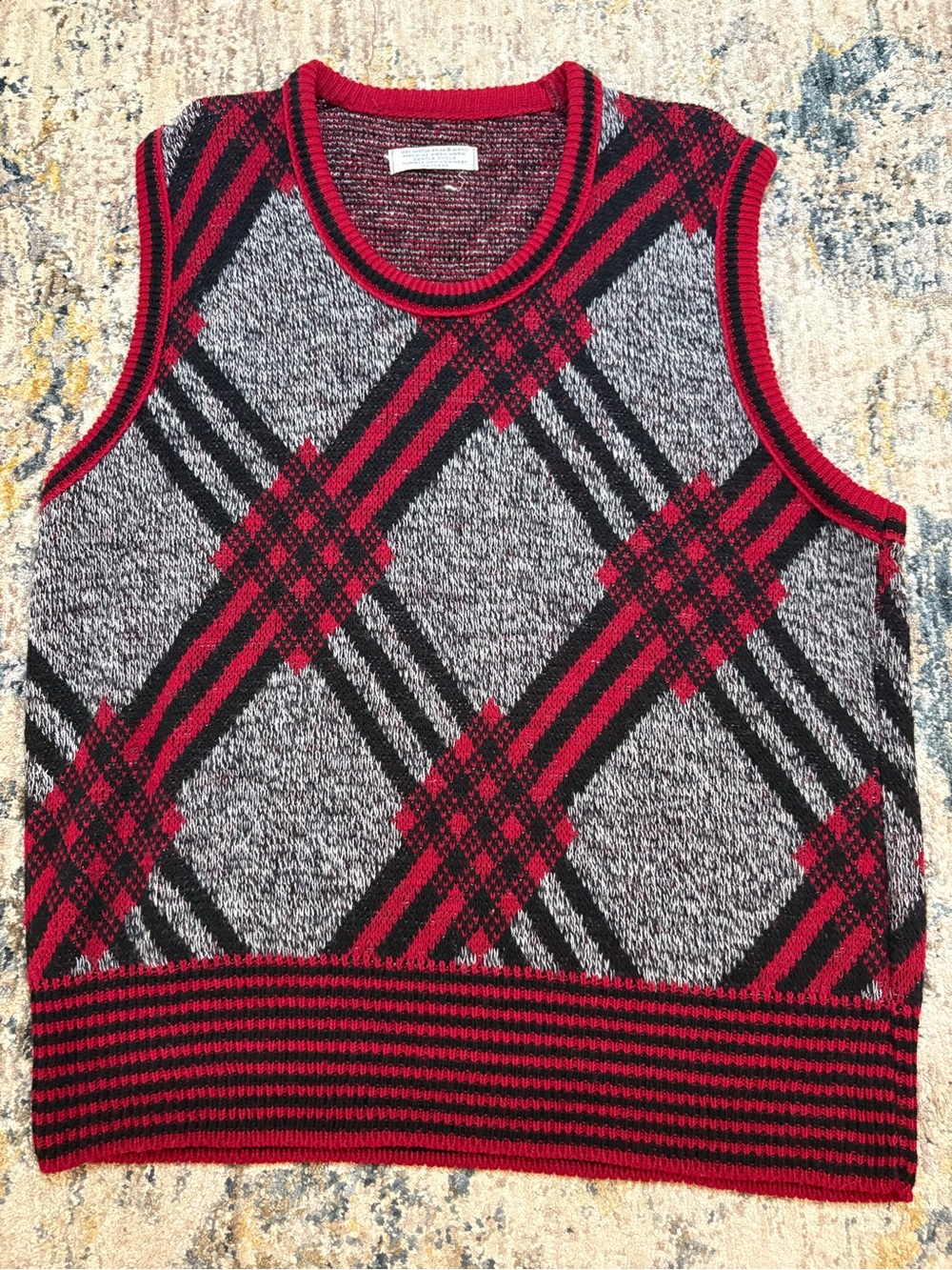 Vtg 70s Sears Wintuk Orlon Acrylic Plaid Argyle Knit Sweater Vest Red/Gray M